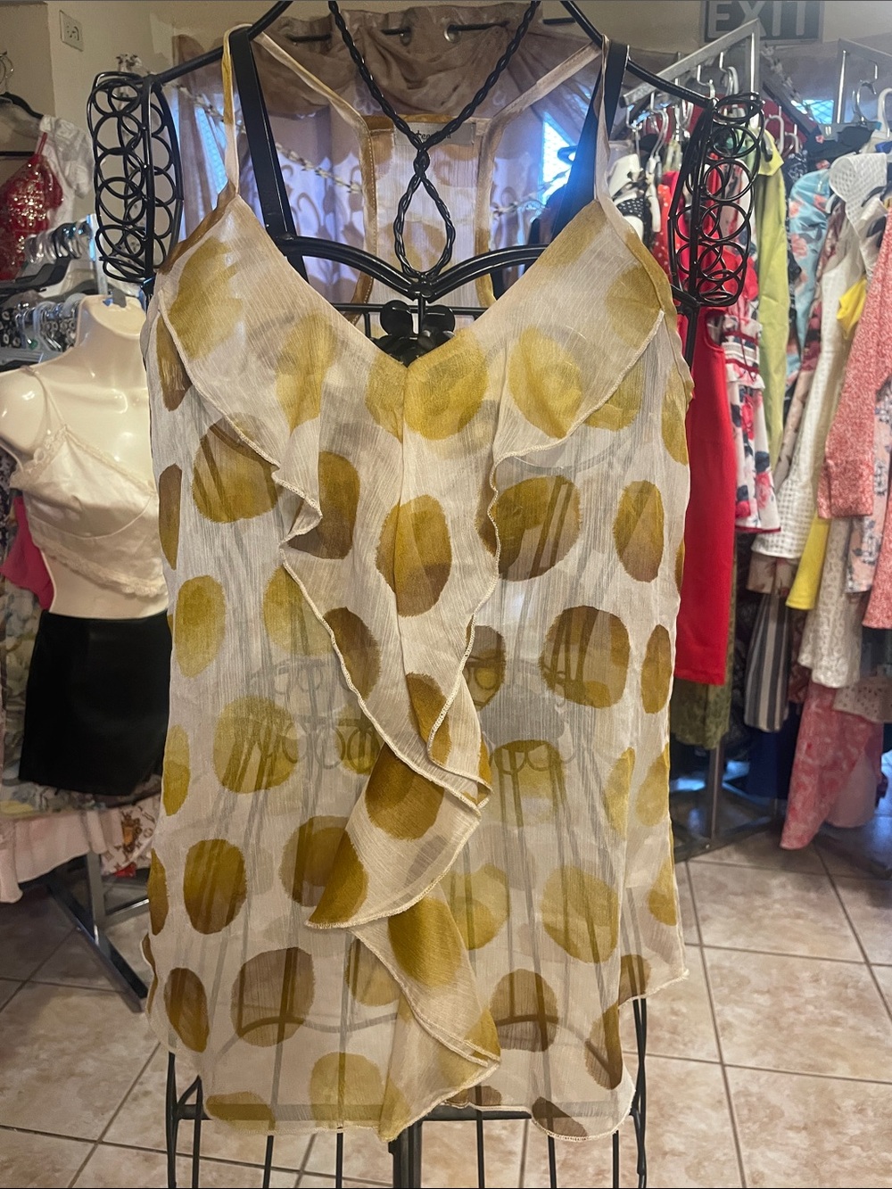 Strappy Ruffle Polka Dot Tank Top in Mustard & Cream